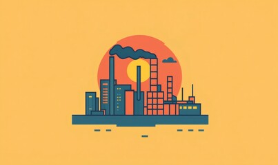 Obraz premium Factories emitting smoke at sunset, symbolizing industry, pollution, and economic activity