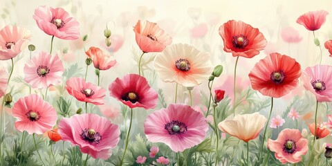 Flower field bursting with colorful poppies under soft morning light in a serene landscape setting