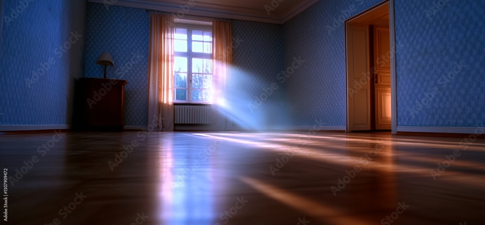 Poster sunlight streams through empty room