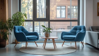 Two Blue Armchairs and a Wooden Coffee Table in a Modern Living Room