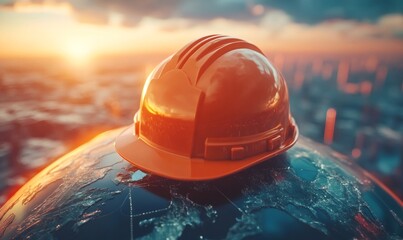 Orange safety helmet lying on planet earth at sunset celebrating labor day worldwide