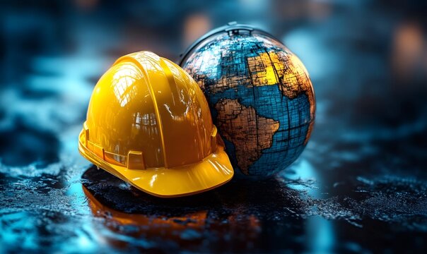 Yellow safety helmet and globe representing global workforce and worker rights on labor day - Powered by Adobe