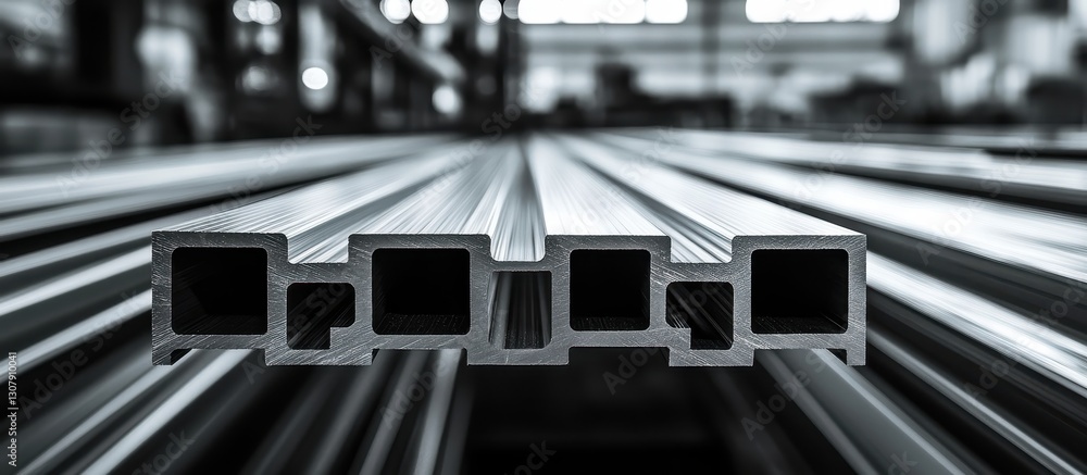 Poster close-up view of steel rectangular tubes in a warehouse setting with industrial background and soft 