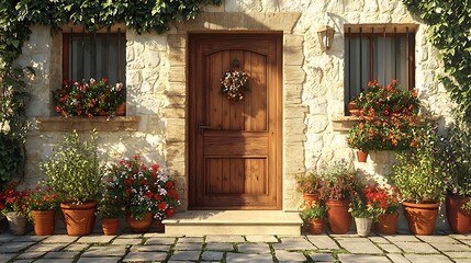 Fototapeta premium Charming stone house entrance, decorated with flowers