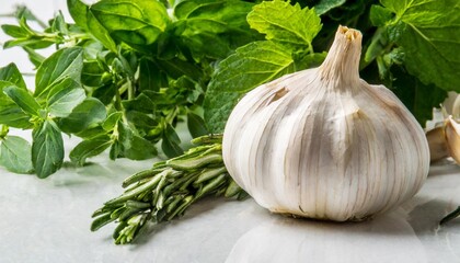 Garlic and Fresh Herbs Arranged in Top View on a White Background