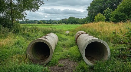 Weathered Concrete Pipes in a Verdant Field Under an Overcast Sky