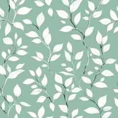 seamless pattern with white leaves on mint green background