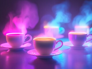 Fototapeta premium Steaming cups in a neon dreamscape, vibrant and inviting refreshment
