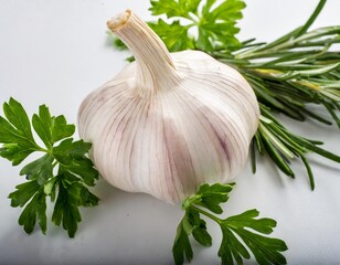 Garlic and Herbs Arranged in Top View Isolated on a White Background