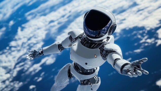 Futuristic robot astronaut floating above Earth.