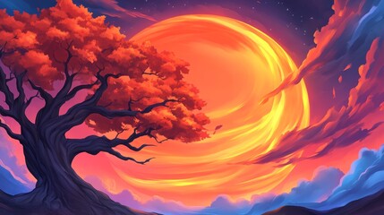 A majestic tree with fiery red leaves stands silhouetted against a vibrant, swirling sunset.  Warm, intense colors dominate the scene.