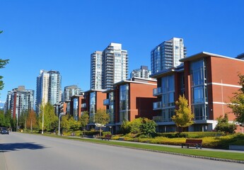 A row of modern apartment buildings with brick facades and large windows line the street in British Columbia, Canada There is greenery at their base and some trees near them Generative AI