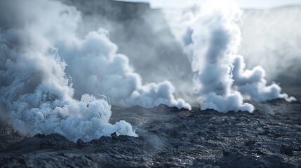 Fototapeta premium Ethereal plumes of volcanic steam rising above a stark, blackened landscape