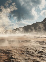 Fototapeta premium Ethereal landscape with rugged mountains and atmospheric hazy conditions
