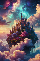 Magical castle in a dreamlike fantasy landscape. Colorful. Illustration