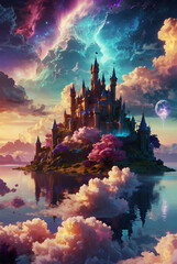 Magical castle in a dreamlike fantasy landscape. Colorful. Illustration