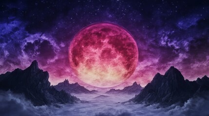 A vibrant pink moon dominates the night sky, casting an ethereal glow over a mystical mountain range.  Surreal and captivating.