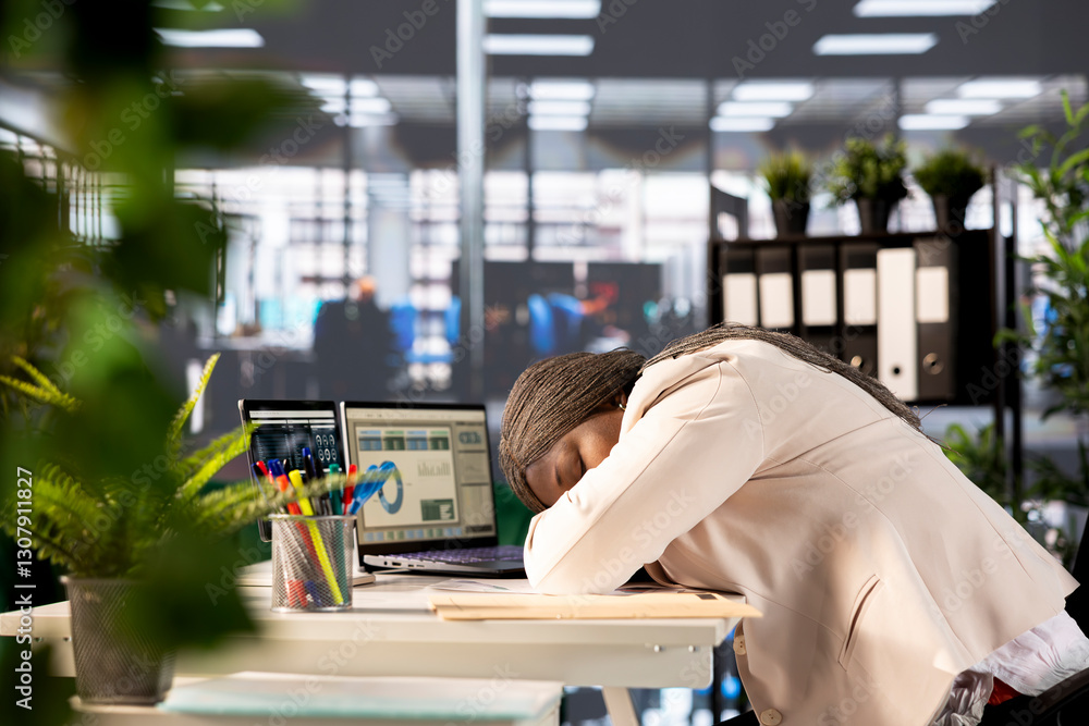 Poster tired manager falling asleep at computer desk while evaluating company performance by analyzing data