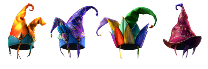 Set of Vibrant jester hat in various colors isolated on a transparent background