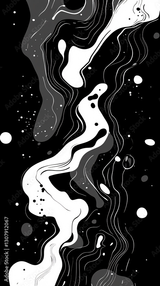 Poster a striking black and white abstract design with organic paint flow patterns and fluid motion creatin