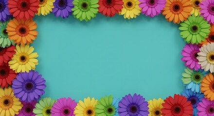 Vibrant rainbow gerbera daisies frame teal background floral design shot view happy color image fresh