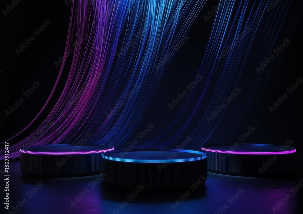 Poster colorful light trails create an abstract and futuristic background behind circular platforms glowing