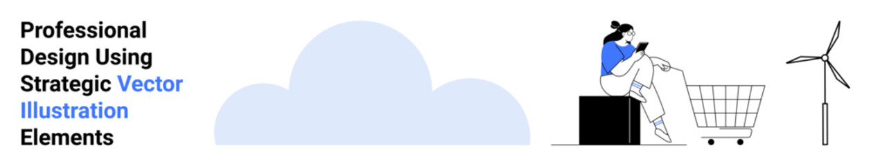 Woman browsing on smartphone seated on a box beside a shopping cart, wind turbine, and cloud graphic. Ideal for e-commerce, sustainability, technology, renewable energy, eco-conscious design, modern