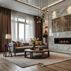 Fototapeta premium Cozy Living Room with Fireplace and Large Windows