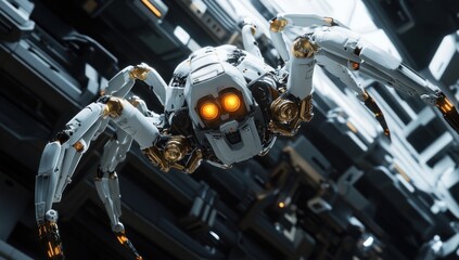 Fototapeta premium Futuristic spider robot in a complex, modern, industrial environment.