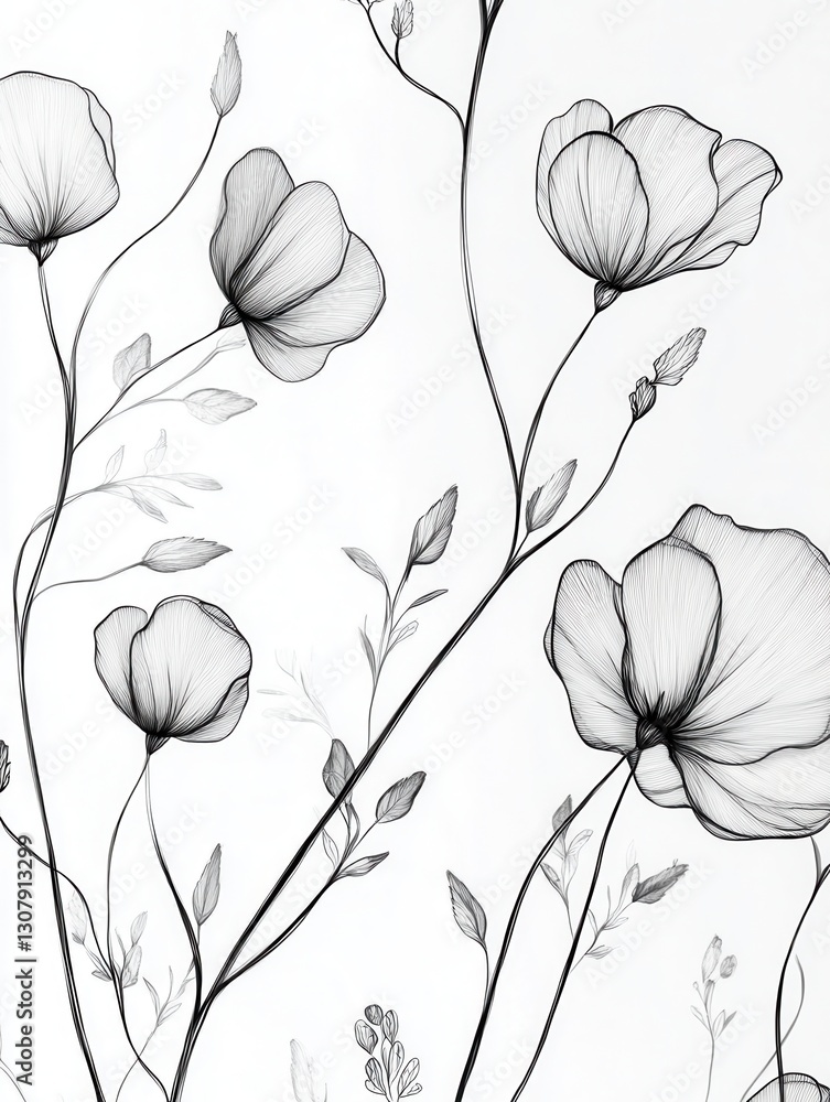 Poster Elegant botanical line art featuring flowers in minimalist design on white background for modern decor