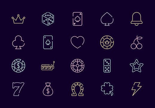 Colorful Neon Casino Gambling Outline Icons Set