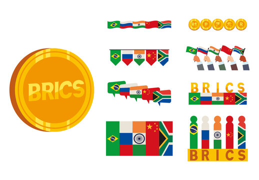 Colorful BRICS Economic Cooperation Flags Illustration Set