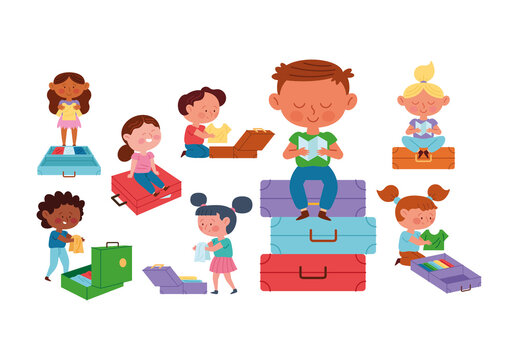 Colorful Kids Packing Travel Suitcases Illustration Set