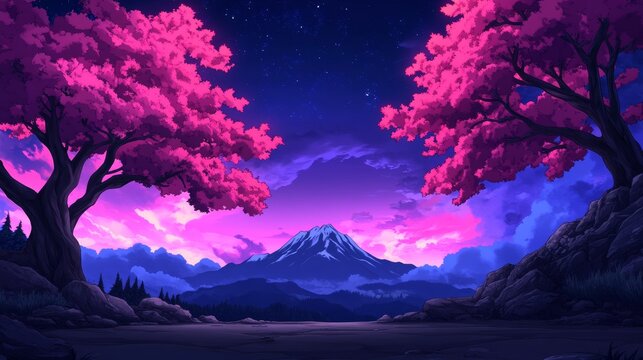 Vibrant pink trees frame a majestic mountain at sunset, creating a serene and colorful landscape.