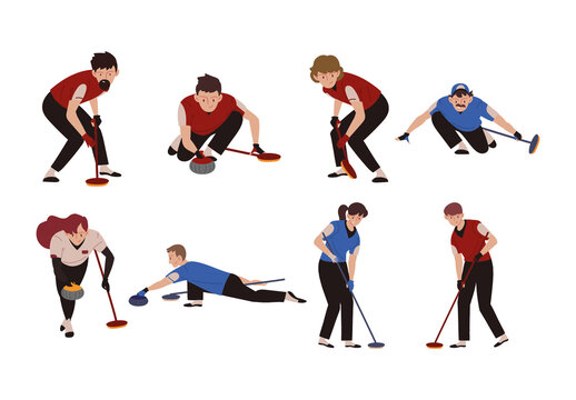Colorful Curling Sports Team Players Illustration Set