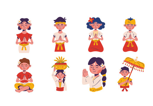 Colorful Balinese Traditional Prayer Ceremony Culture Icons Set