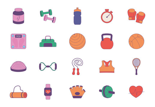Multicolor Gym Fitness Sports Equipment Icons Set