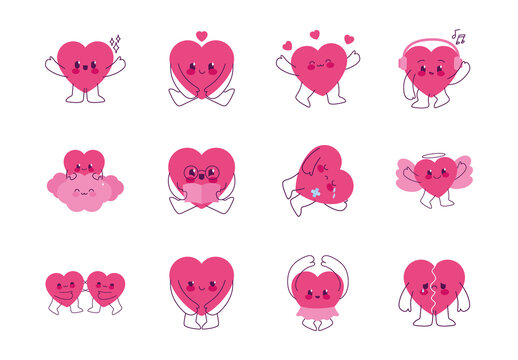 Multicolor Cute Kawaii Love Romantic Hearts Icons Set