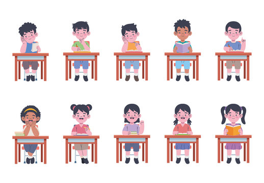 Colorful Children Studying Classroom Education Kids Illustrations Set