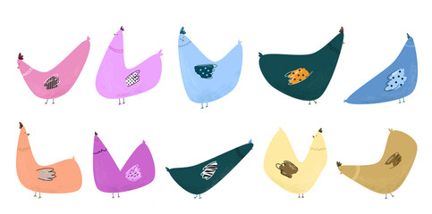 illustration of a set of colorful chicken or poultry. Cute elements easter day