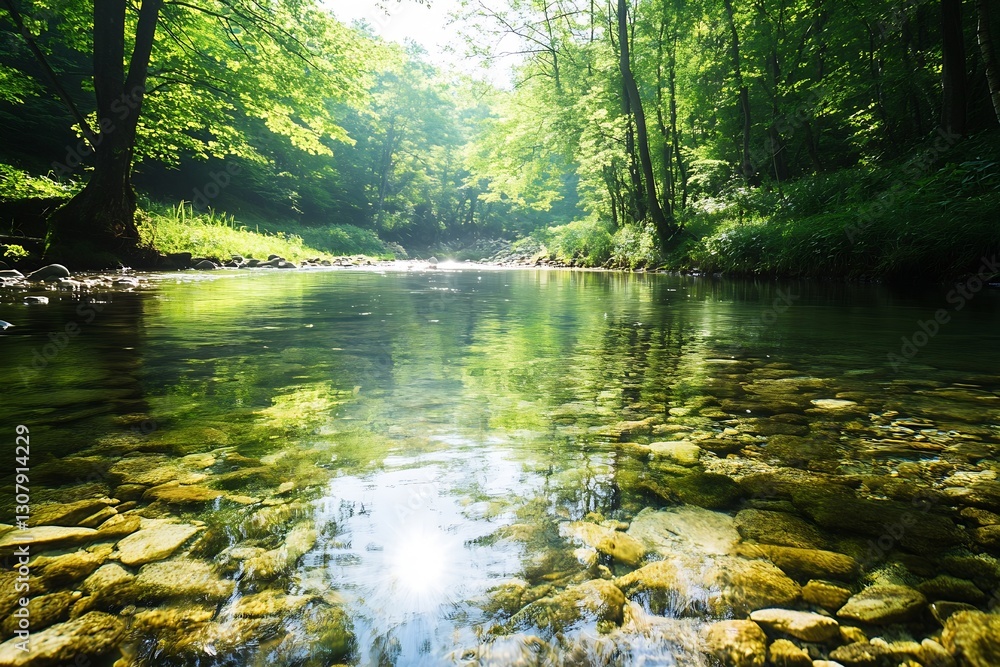 Poster crystal clear river reflecting lush green trees under bright sunshine in a summer setting : generati