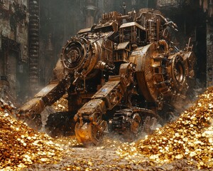 Giant steampunk miner machine surrounded by a mountain of gold coins, mechanical arms picking up treasure, realistic metallic texture, high-detail concept art