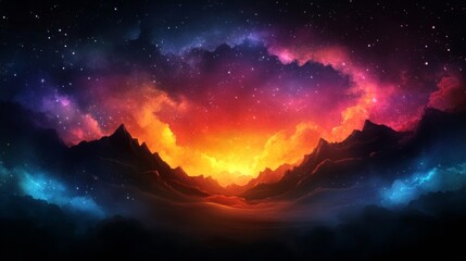 Naklejka premium Vibrant sunset over a mountain range, painted across a cosmic canvas of stars and nebulae. A breathtaking, surreal landscape.