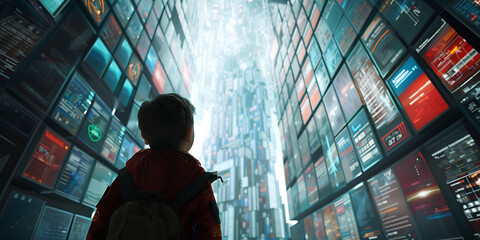 Child in Red Jacket Gazing at Futuristic Digital Screens
