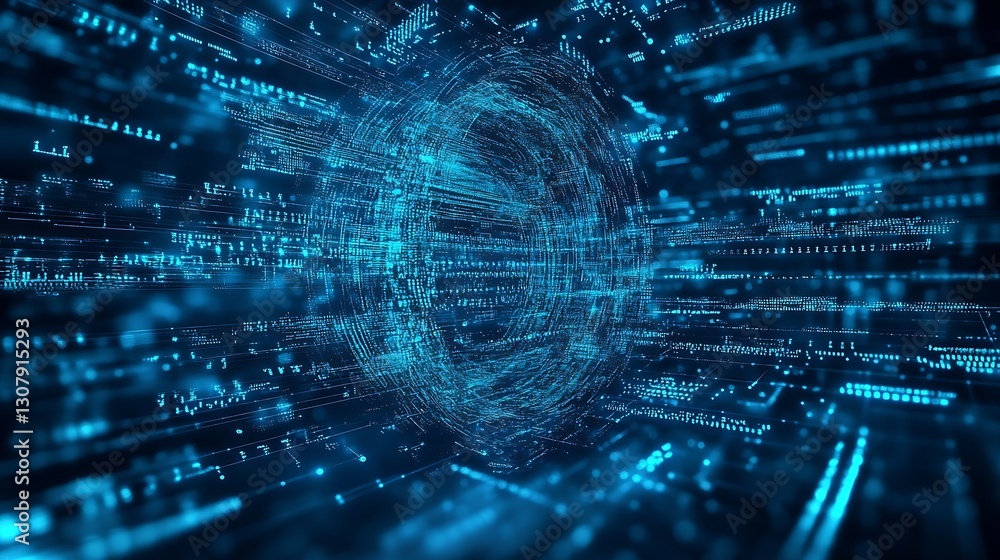 Fototapete High-tech data vortex illuminated by glowing blue lights and dynamic binary sequences flowing from the center outward : Generative AI
