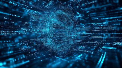 Obraz premium High-tech data vortex illuminated by glowing blue lights and dynamic binary sequences flowing from the center outward : Generative AI