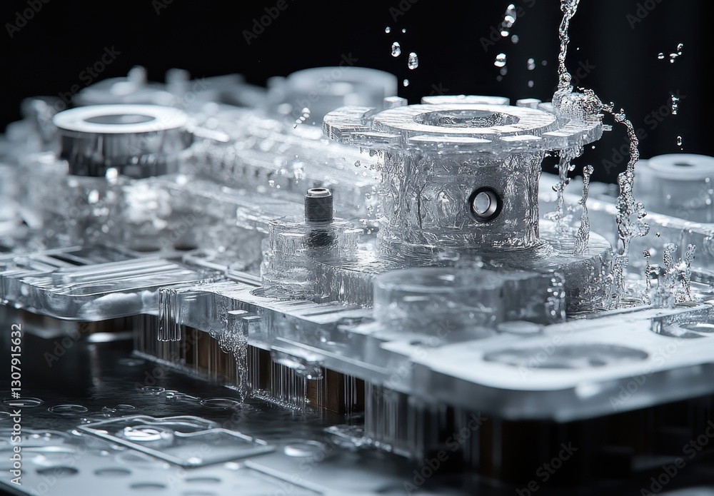 Poster detailed close-up of a clear plastic engine component with water splashing, showcasing intricate des