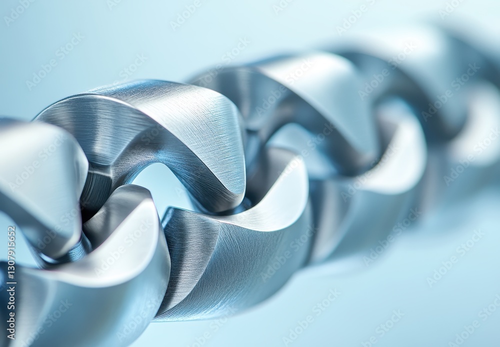 Poster detailed close-up of a shiny metallic chain link with smooth curves and reflections, abstract backgr