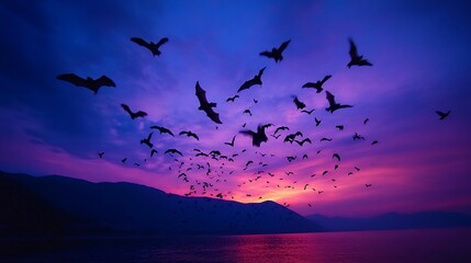 Fototapeta premium Bats flying over lake at sunset