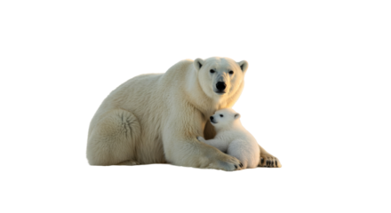 Mother Polar Bear With baby Bear isolated on transparent background, PNG, White Female Bear PNG 
